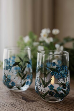 Handmålat Glas | Lykta Bloomy Blå